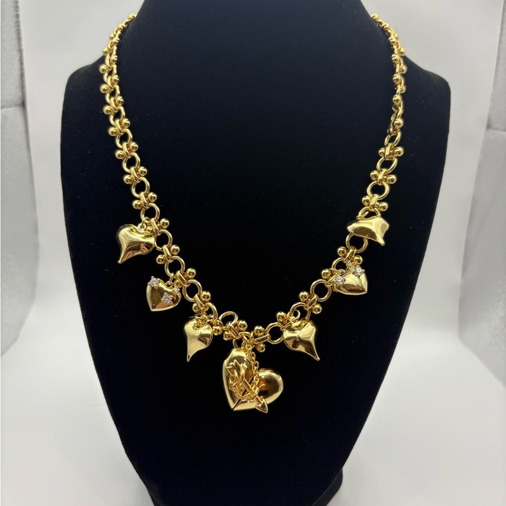Gold Heart Charm Necklace with Decorative Chain